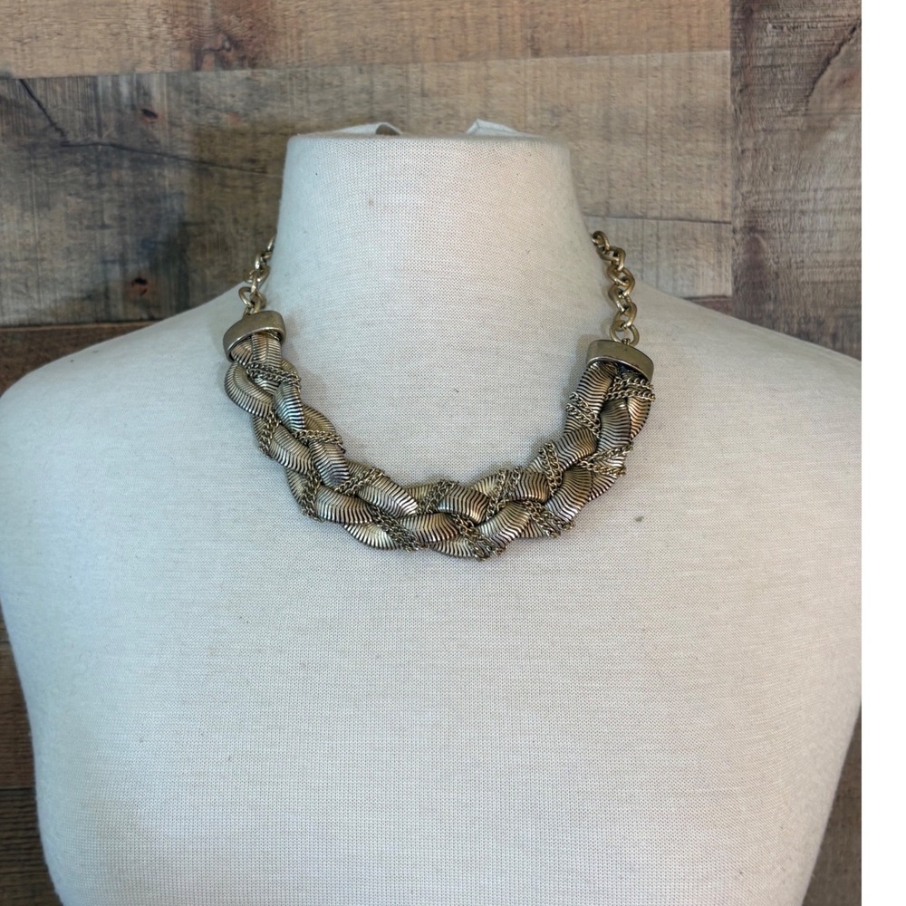 Gold Tone Braided Woven Bib Statement Necklace Textured Chain